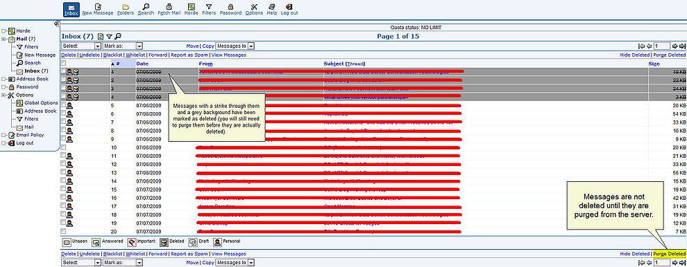 How to delete and purge email. Click to enlarge.